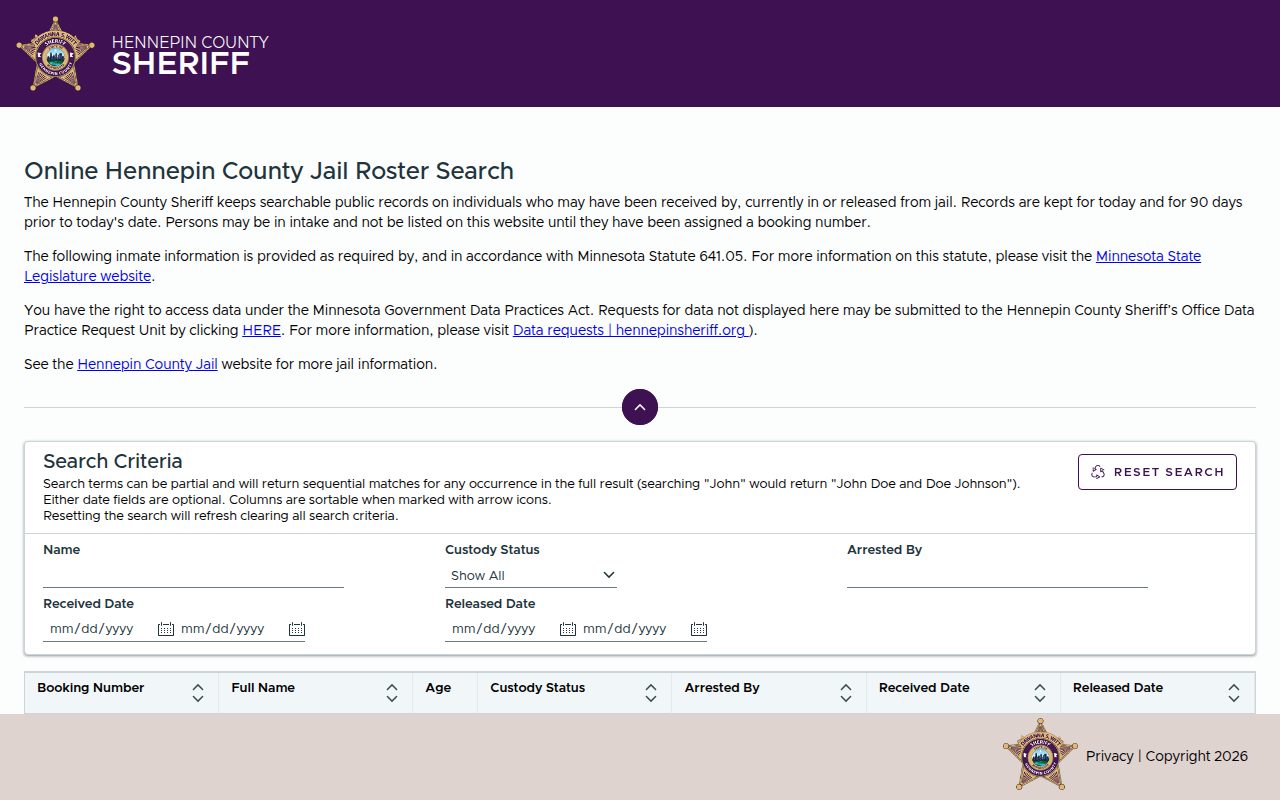 Hennepin County Jail Roster screenshot